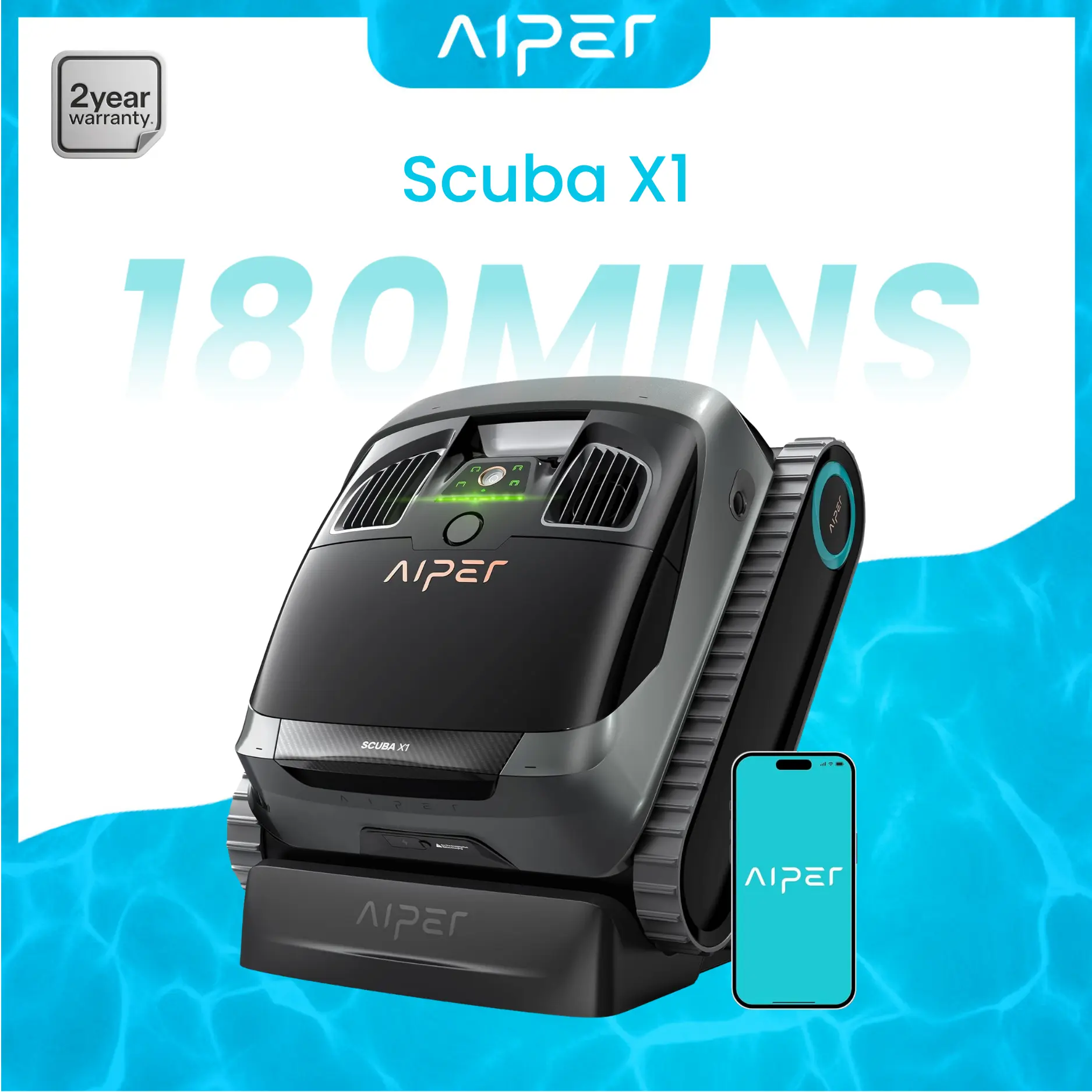 AIPER Scuba X1 Cordless Robotic Pool Cleaner, 6600 GPH High-Power Suction with Dual-Jet, Horizontal Waterline Scrubbing, 180 Mins for Inground Pools up to 2,150 sq.ft