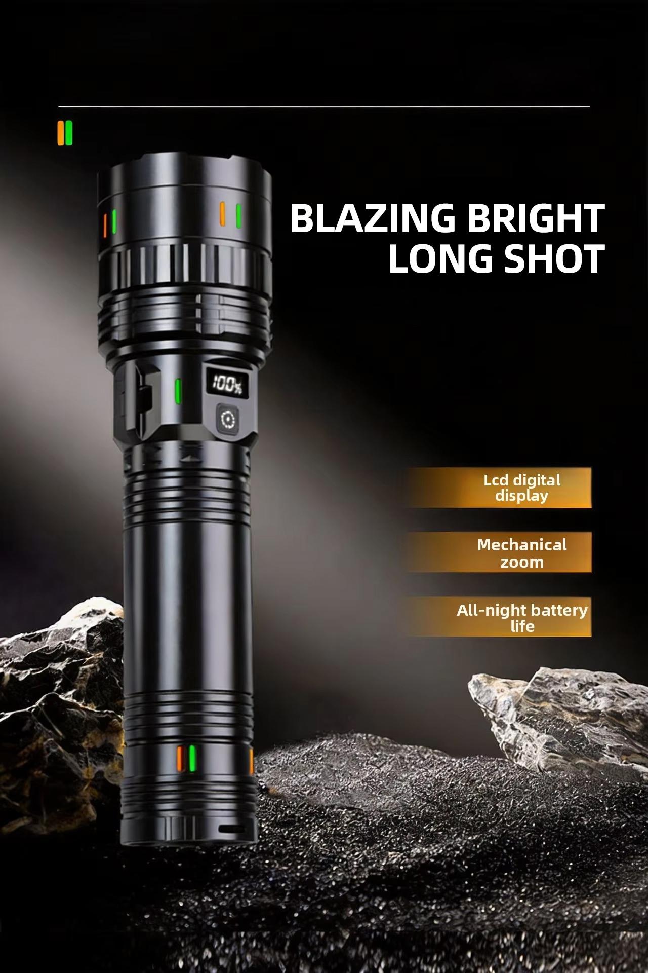LED Flashlight,Digital display of power, Rechargeable，Zoomable, hurricanes Rechargeable LED battery powered, with 5 lighting modes summervibes