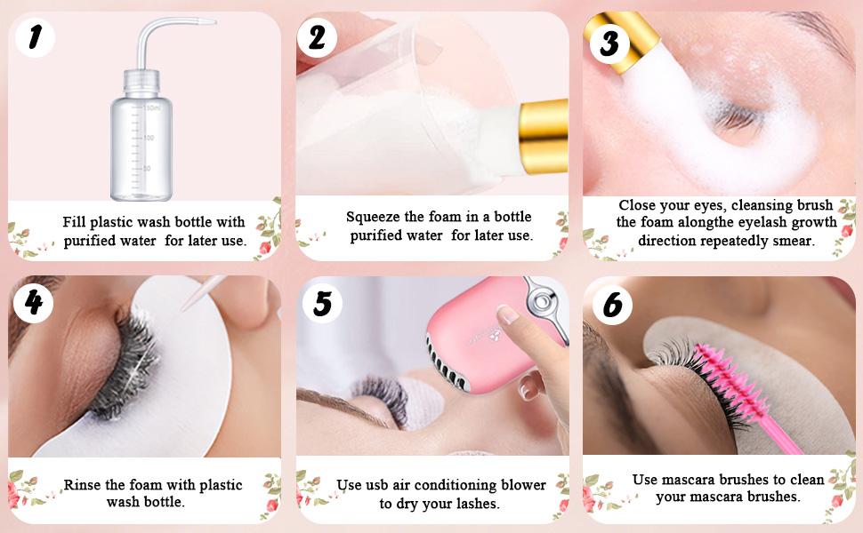 3.38oz Eyelash Extension Cleanser - Lash Mousse Shampoo, Lash Brushes, Cleanser Brush, Wash Bottle for Long-Lasting Lashe  Daily Mascara Nourishing