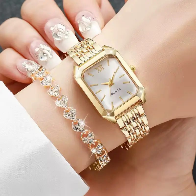 Women's 2PCS Fashion Rectangle Quartz Watch & Rhinestone Bracelet Set, Roma Dial Female Watch Set Pack, Elegant Gift for Ladies