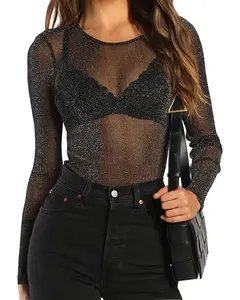 Women Long Sleeve Sheer Mesh Top See Through Shirt Elegant Turtleneck Ruched Blouse Sparkly Glitter Crewneck Rhinestone Minimalist Y2K Aesthetic Clubwear Layering Tee Spring Festival Party Outfit Transparent Date Night Top