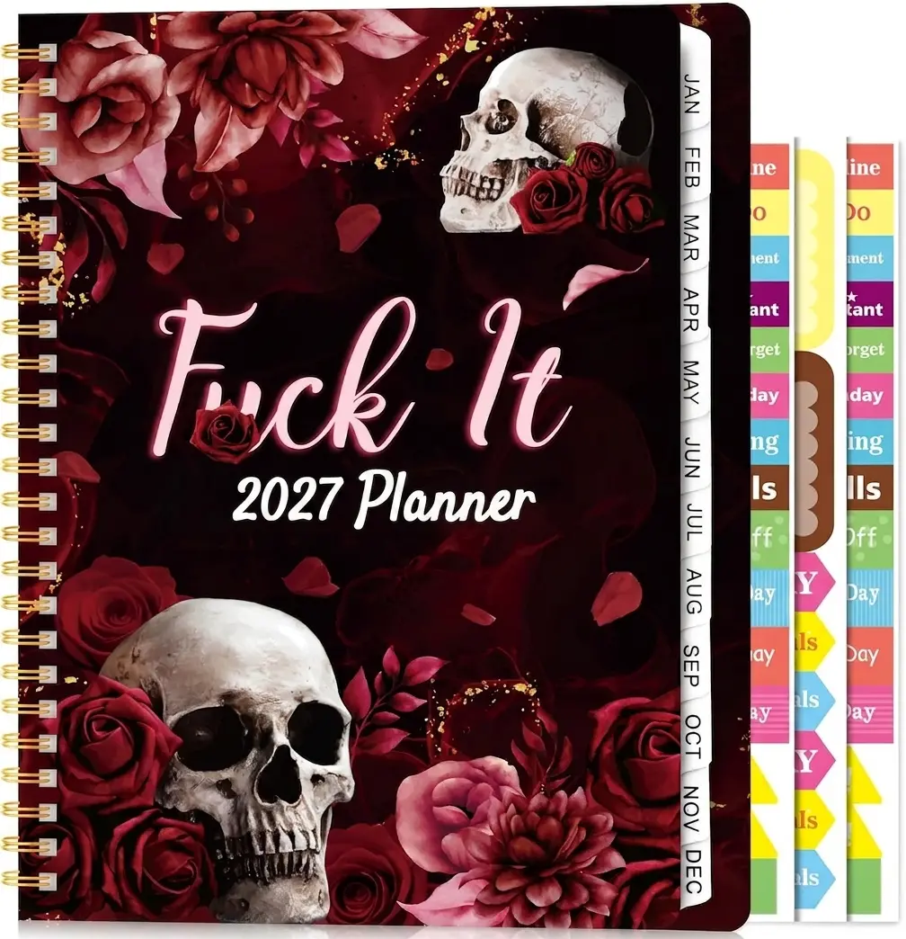 Gothic A5 Skull Print Hardcover 2027 Planner - Office Stationery Weekly/Monthly Organizer with Character Stickers, Labels, Back Pocket for Students, Office Use