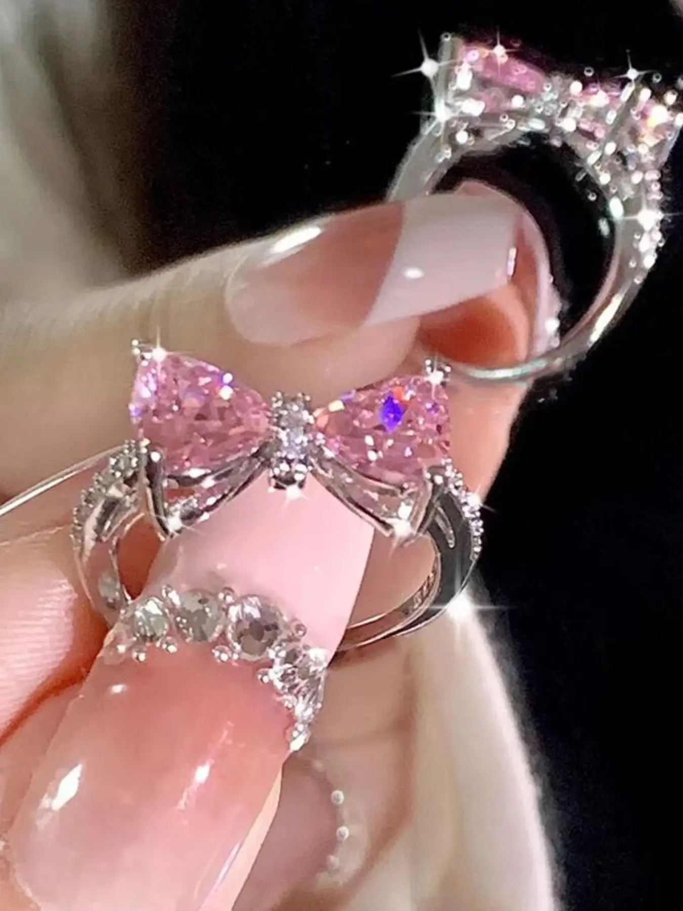 Cute Bow Rings for Women Pink Synthetic Zirconia Fashionable Jewelry Korean Style, Perfect Gift for Birthdays & Anniversaries for Her Bow Decor Ring, Anniversary Engagement Ring, Beautiful Rings