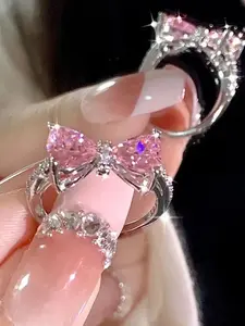Cute Bow Rings for Women Pink Synthetic Zirconia Jewelry Korean Style, Perfect Gift for Birthdays & Anniversaries for Her Bow Decor Ring