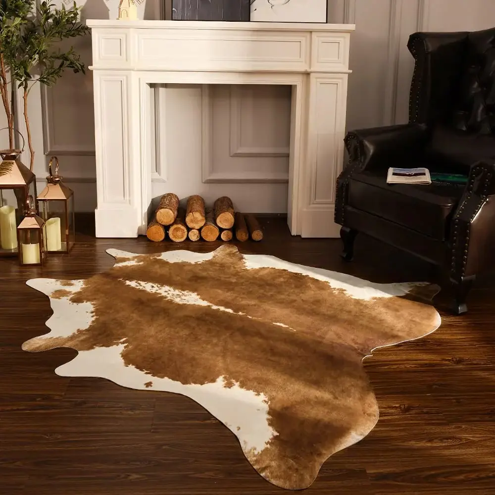 LOCHAS Faux Cowhide Animal Print Furry Soft Indoor Area Rug - 100% Polyester Premium Flat Weave, Durable, Easy-to-Clean Retro Western Multi-Size Decorative Rug for Living Room, Scene Shooting Prop, Indoor Area Rugs, Home Decorative Rug