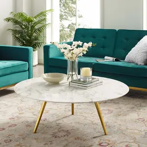 Modway Lippa 40" Round Artificial Marble Coffee Table with Tripod Base in Gold White