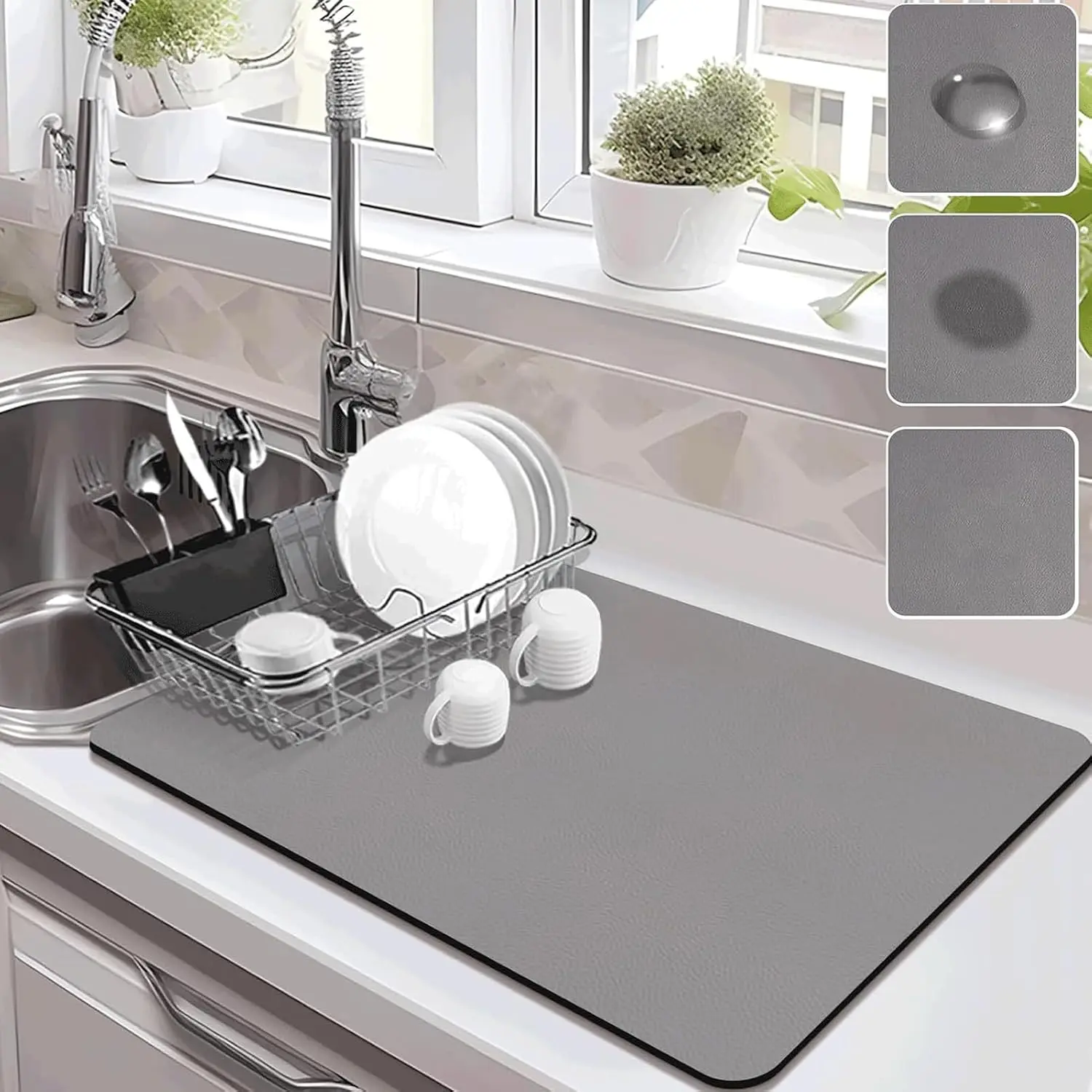 Thick Rubber-Backed Absorbent Kitchen Counter Drying Mat - Household Placemat, Coffee Bar Mat, Dish & Cup Accessory for Kitchen Use
