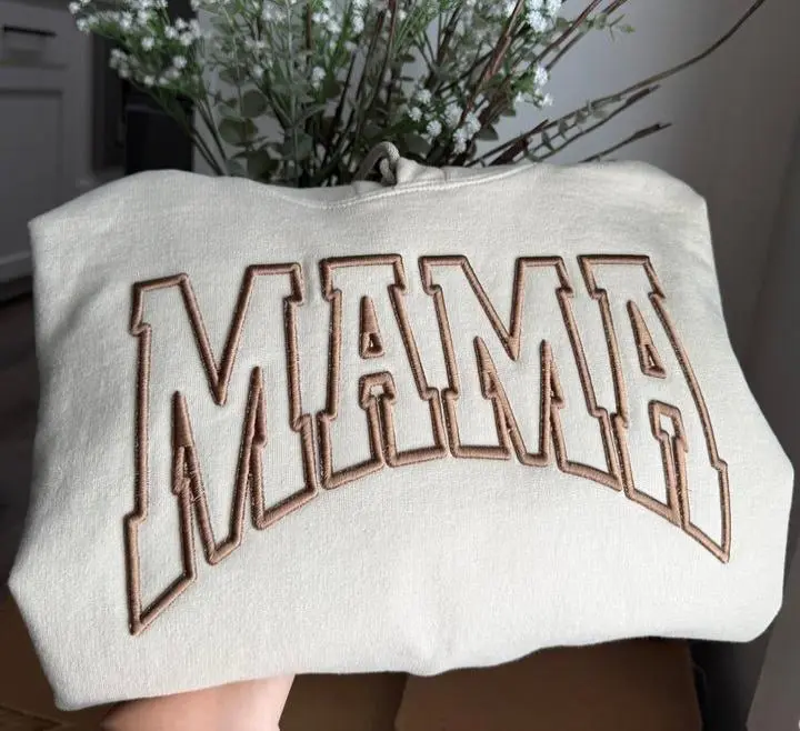 Mama Crewneck Puff Embroidered Sweatshirt - Casual Brown Puffed Design Gildan Sand Crewneck Option