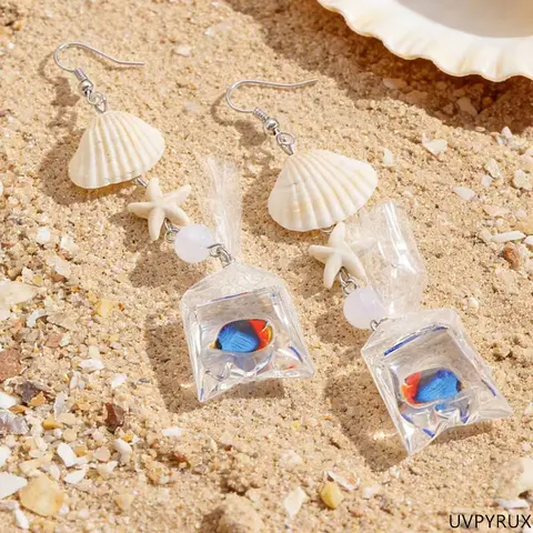 Women's Fashion Ear Hook Costume Earrings - 1 Pair Plastic-Metal Jewelry with Nautical Charms, Fish Motif, Shell for Beachwear, Metal Coating