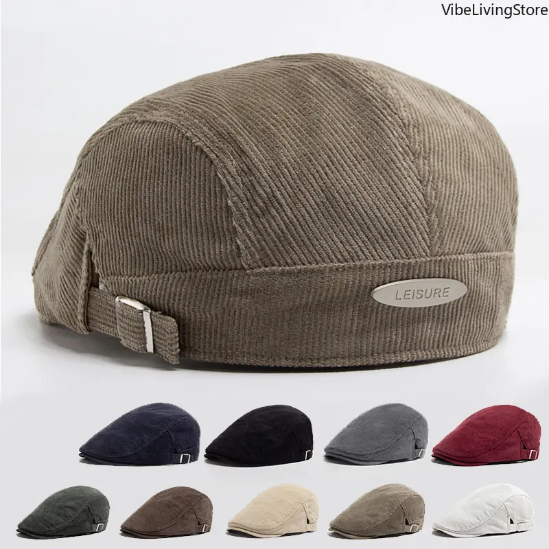 Unisex Vintage Corduroy Newsboy Cap - Reversible Thick Warm Flat Hat, Basic Daily Bag Straps & Chains Accessory for Spring & Autumn, Coffee, Grey