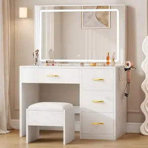 Vanity Desk Set with Large 35" LED Mirror and Lights, Makeup Table with 4 Drawers & Stool, 2 AC Outlets and 2 USB Ports, Adjustable Lighting, Modern Ample Storage Dressing Table, White