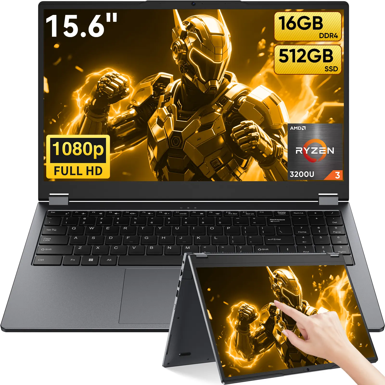 TPV 360° Yoga Laptop, 15.6" 1080p Full HD IPS Touchscreen, AMD Ryzen R3 3200U (Up to 3.5 GHz), Radeon Vega 3, 16GB RAM, 512GB SSD, Windows 11 Pro, Office Suite, 2.4G&5G WiFi, Bluetooth 5.0, Blacklit Keyboard, USB Type-C, for Work, Music, Watch Party