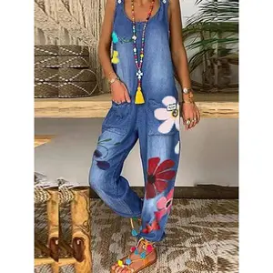 Women’s printed denim jumpsuit, fashionable casual loose pocket design jumpsuit, suitable for daily wear, spring and autumn women’s clothing, lace-up women’s clothing, fashionable jumpsuit GARMENTARY