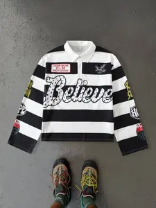 American Vintage Striped Embroidered Casual Polo Shirt, Embroidery, Believe Letter Print, Dear Mom I'll Be Rich Soon Slogan, Y2K Streetwear Long Sleeve