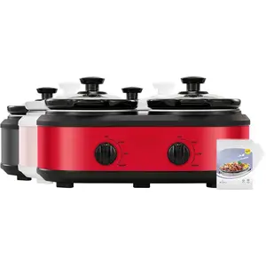 Double Small Slow Cooker, Buffet Server and Warmer, 2 Mini Pots with 3 Individual Adjustable Temp, Dual Ceramic Pots, Free Liners for Easy Clean-up, Stainless Steel, Total 2.5 Quart, Red, Round