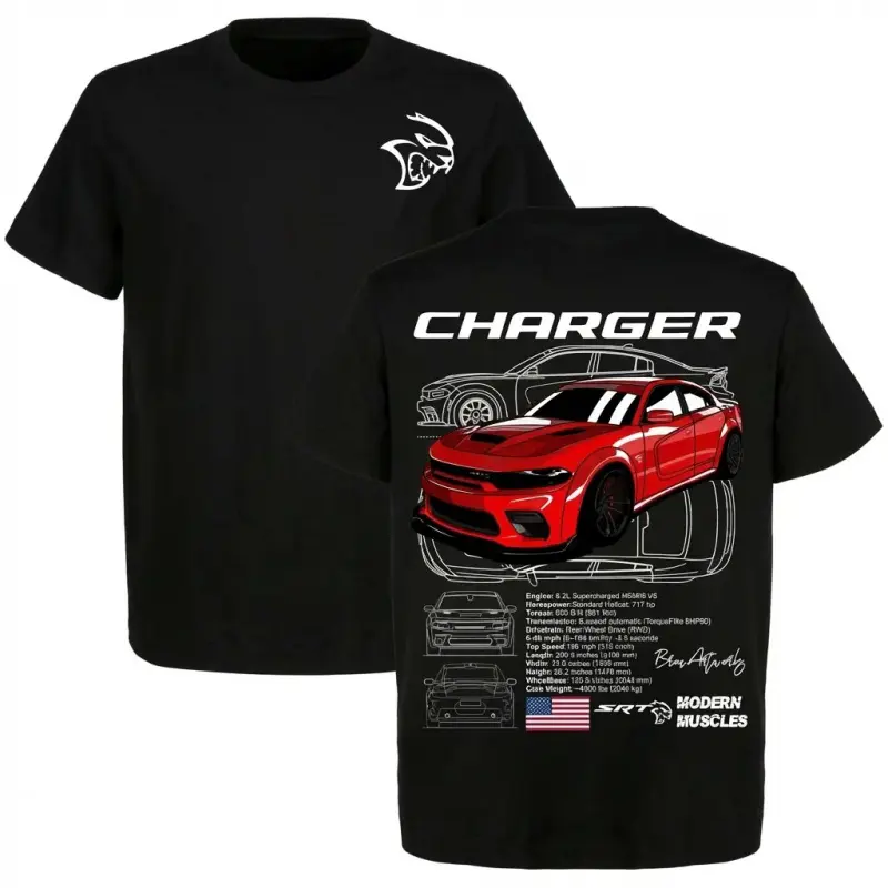 ⚡ DODGE CHARGER HELLCAT Red Graphic T-Shirt – Mopar Muscle Car Tee, Vintage Hellcat Streetwear, Red Charger Blueprint Design, Oversized Y2K Racing Apparel, 100% Cotton Unisex Shirt, Retro Car Enthusiast TikTok Outfit, Gift for Men & Women