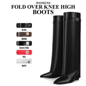CYNLLIO Fold Over Knee High Boots for Women Wedge Heel Almond Toe Shark Boots Wide Calf Pull-on Spring Fashion Boots