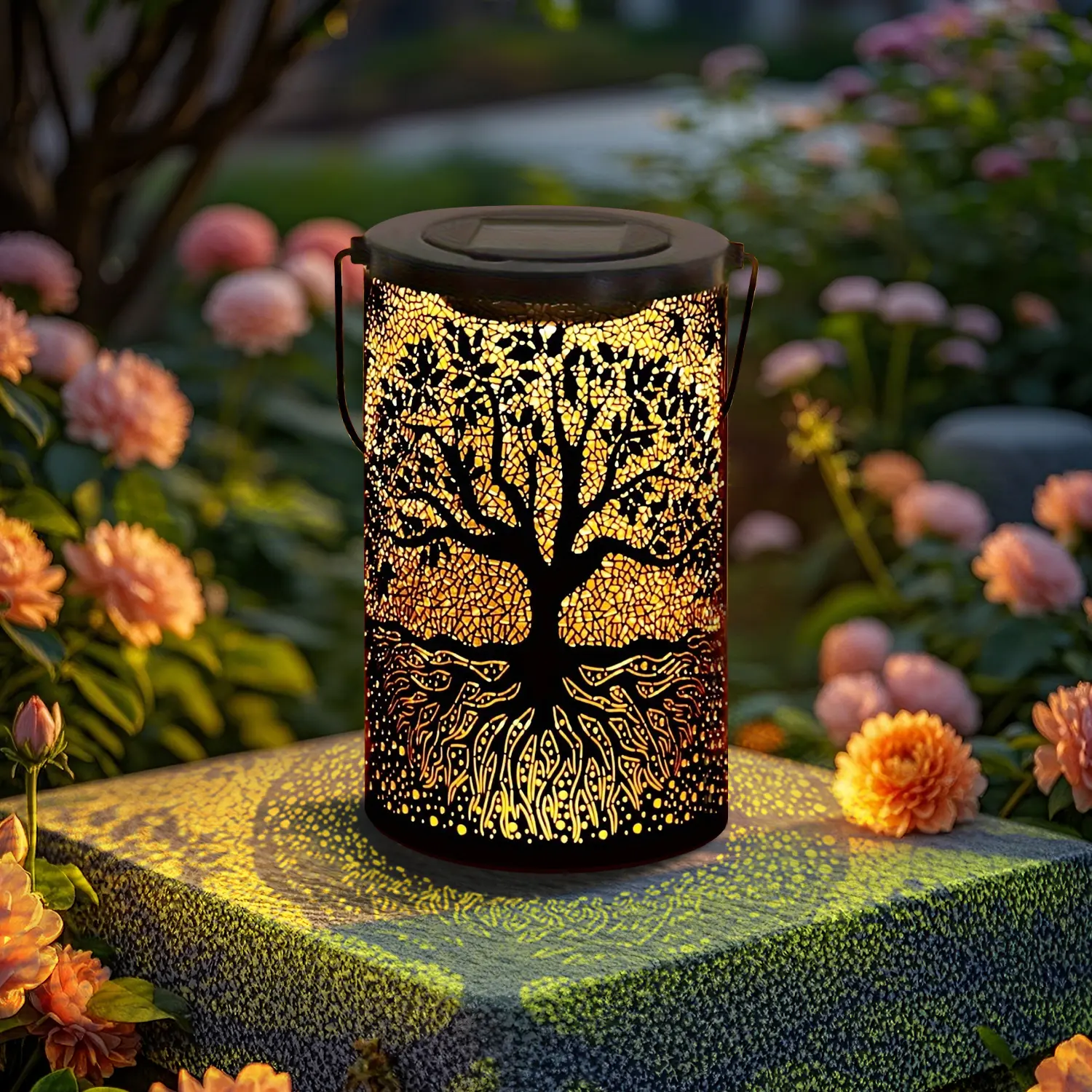 Hollow Tree of Life Solar-Powered LED Lanterns - Weatherproof Metal Frame Outdoor Hanging Lights, 600mAh Auto On/Off, Durable Energy-Efficient Garden Patio Decor