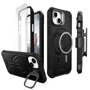 iPhone 15 Plus Rugged Case with MagSafe - [ Multi-layer Design] with Tempered Glass Screen Protector, Holster and Kickstand