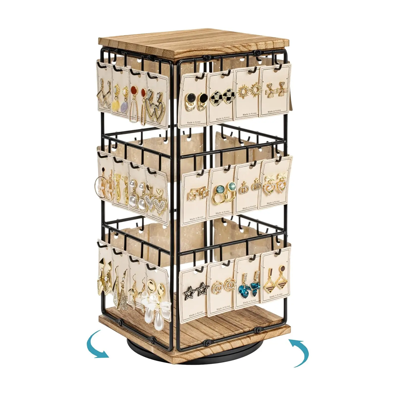 Earring Display Stand for Vendors, 360 Rotating Jewelry Display Rack for Earrings, Necklaces, Bracelets and Hair Accessories, 3 Tier Wooden Countertop Organizer Tower with 48 Hooks, Brown Rustic Finish