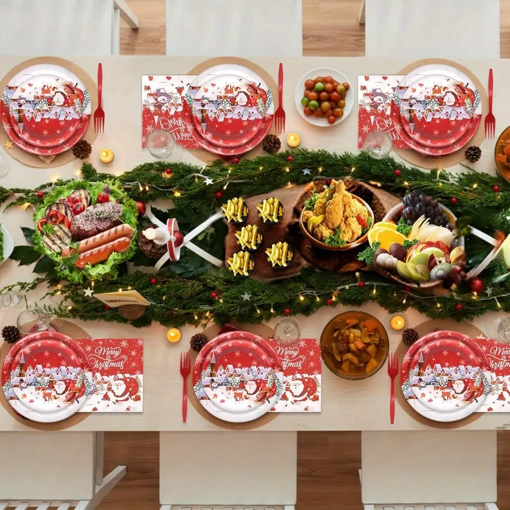 120 Pcs Christmas Paper Plates and Napkins Serves 30 Santa Claus and Snowman Plates and Napkins Disposable Red Forks Holiday Paper Tableware Set for Merry Christmas Party Supplies