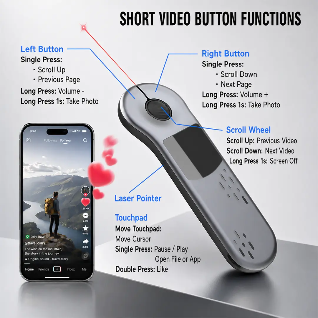 D13/D13Pro Rechargeable Bluetooth Air Mouse Universal Remote Control - 2.4G Wireless Presenter, Laser Pointer, Touchpad, TikTok/YouTube Scroller, Recharge-Go Accessories for Computers, Smartphones