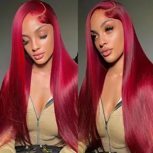 Bling Hair 13x6 Transparent Lace Front Wig 100% Real Hair Wigs 99J Red Color Straight Pre Plucked  Remy 13x6 Real Hair Lace Frontal Wig