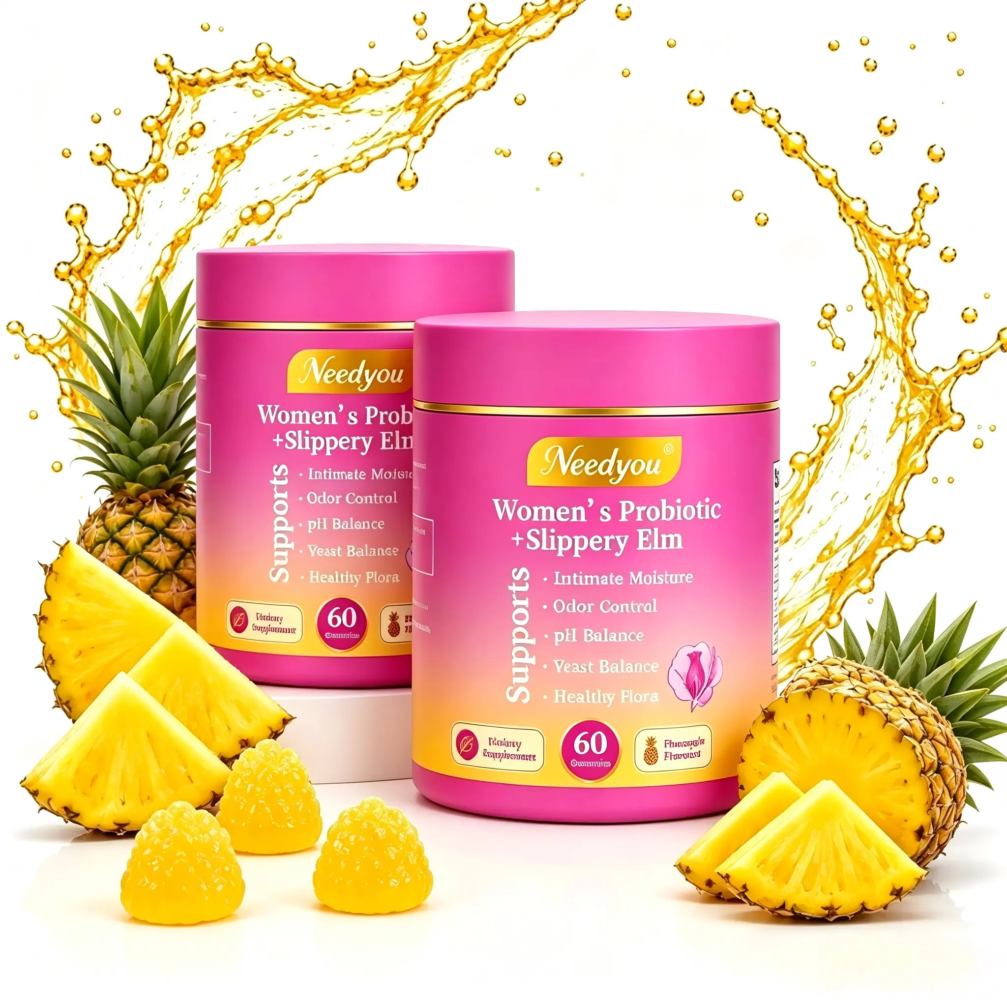 Her Juicy Women's Probiotics Gummies – All Natural Formula Slippery Elm, Prebiotics & Probiotic Blend to Support Women’s pH Levels & Relieve Dryness, 60 Pineapple Flavor Gummies