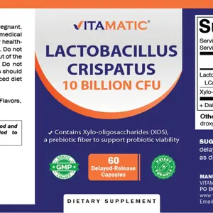 Vitamatic Lactobacillus Crispatus 10 Billion CFU with XOS Prebiotic, Delayed-Release Probiotic Capsules, Non-GMO, 60 Capsules.