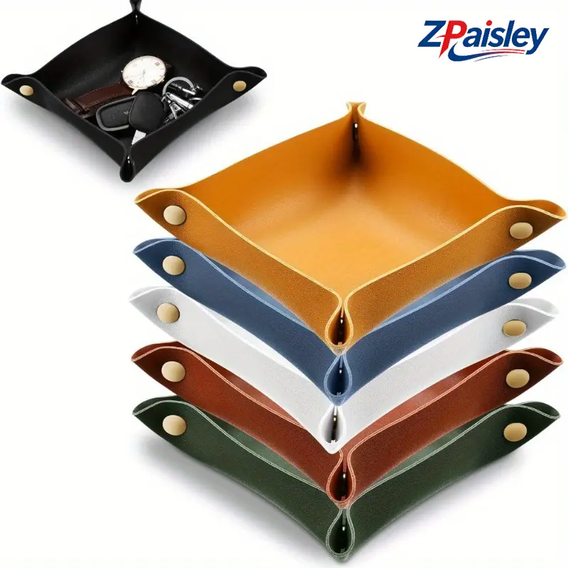 3Pcs Foldable PU Leather Valet Tray with Snap Buttons, Multi-Use Catch All Tray for Keys Coins Wallet Watch, Portable Desktop Organizer for Entryway Nightstand Office Car Dice Games