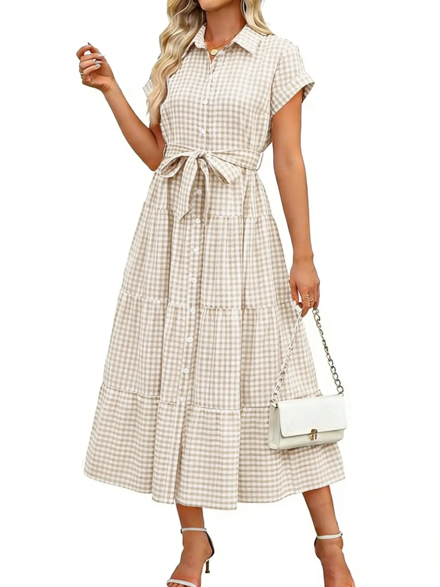 Ebossy Women's Soft Cotton Casual Short-Sleeve Button-Down Tie-Waist Ruffle Plaid Maxi Dress with Pocket, Boho Women's Maxi Dress for Casual Wear