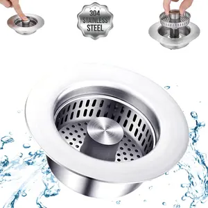 3-in-1 Kitchen Sink Drain Strainer & Stopper, Stainless Steel Pop-Up Stopper & Anti-Clogging Basket Strainer, Fits Standard 3.5-Inch Sink