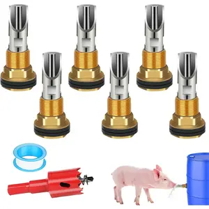 6PCS Pig Waterer Nipple Automatic Pig Nipple Water Drinker Barrel Kit Stainless Steel Hog Water Feeder with Brass Waterer Tank Connectors for Pig Goats Swine Piglets Drinking