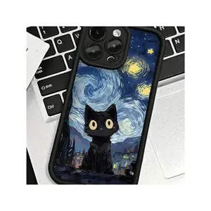 A Phone Case Featuring A Black Border With Van Gogh'S Starry Sky And A Cute Black Cat Design, Compatible With Iphone 16, 15, 14, 13, 12, 11 Pro Max, XS, And XR.
