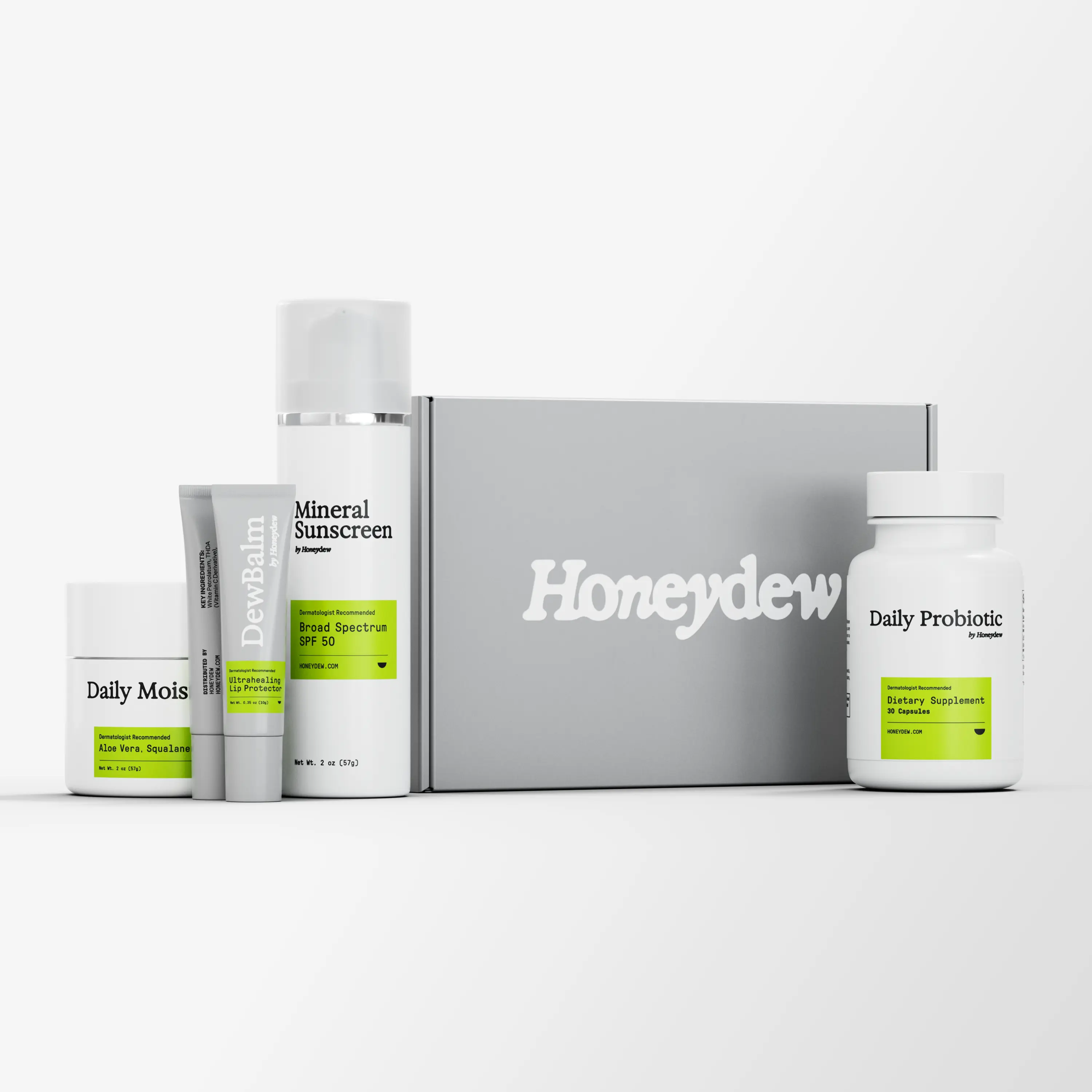 Dew Essentials Kit — 4-Piece Daily Hydration & Barrier Protection Set for All Skin Types (Lip Balm + Daily Moisturizer + Mineral Sunscreen + Daily Probiotic)