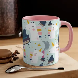 Magical Unicorn and Piano Ceramic Mug with Color Inside,  Musical Gift, 11oz Coffee Colorful