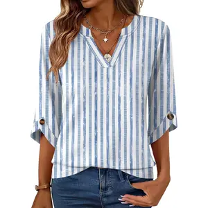 Women's 3/4-Length Sleeve V-Neck Polyester Tunic Tops, Trending Flowy Dressy Casual Shirts