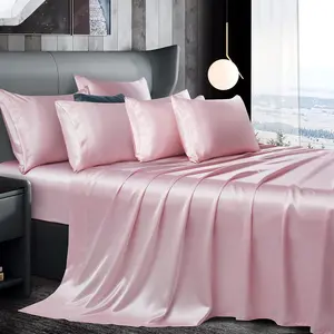 7 count Light Pink Satin Sheets  Size Silky Satin Bed Sheets Set, Luxurious & Soft Satin Bedding Set - 1 Satin Fitted Sheet, 1 Satin Flat Sheet, 4 Satin Pillowcases + 1  Pillow case