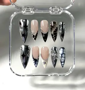 Y2K Star Press On Nails, Black White Chrome Coffin Nails, Edgy Handmade Nail Set