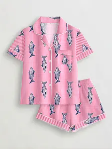 Women's Fish Pattern Pyjama Set, Short Sleeve Button-Up Top & Elastic Shorts, Casual Home Wear, All Seasons Comfortable Sleepwear Loungewear