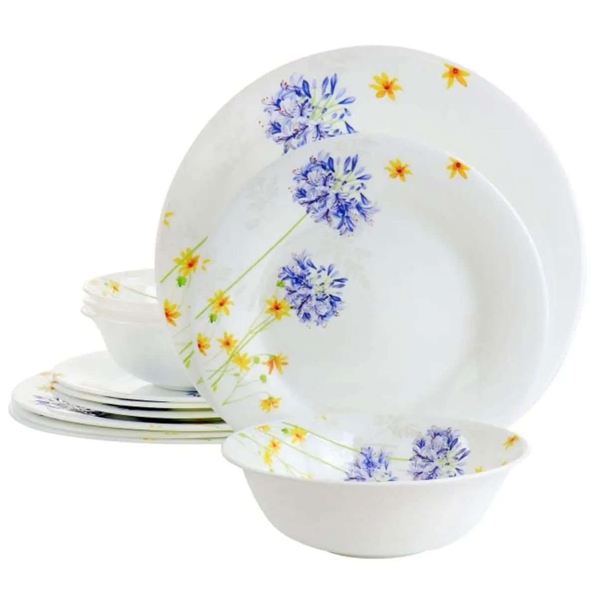 212 MAIN 12-Piece Ultra Tempered Opal Glass Tableware Set, High-Fired Glaze Plates, Violet Floral Print, Glossy Finish, Chip Resistant, Dishwasher Safe Glassware Dinner Sets