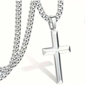 925 Sterling Silver Silver Cross Pendant Necklace, Vintage Cross Fashion Necklace, Casual and Versatile, Comes with Stainless Steel Cuban Chain