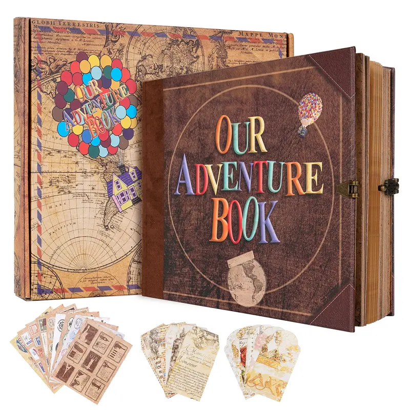 Our Adventure Book 3D Embossed Cover Retro Scrapbook Photo Album (8.9x7.7in, 146 Pages) - Home Decor Kit with Scrapbook Materials, Sticker Album, BF Birthday Gifts for Boyfriends, Unique Cool Gifts for Best Friends