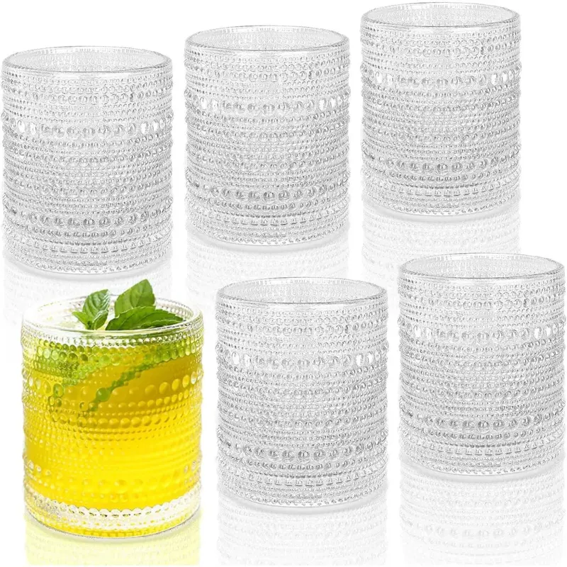 10 Oz Drinking Glasses Set of 6, Vintage Glassware, Textured Glass Cups Bubble Glasses Water Glasses Old Fashion Jupiter Glasses Set, Clear