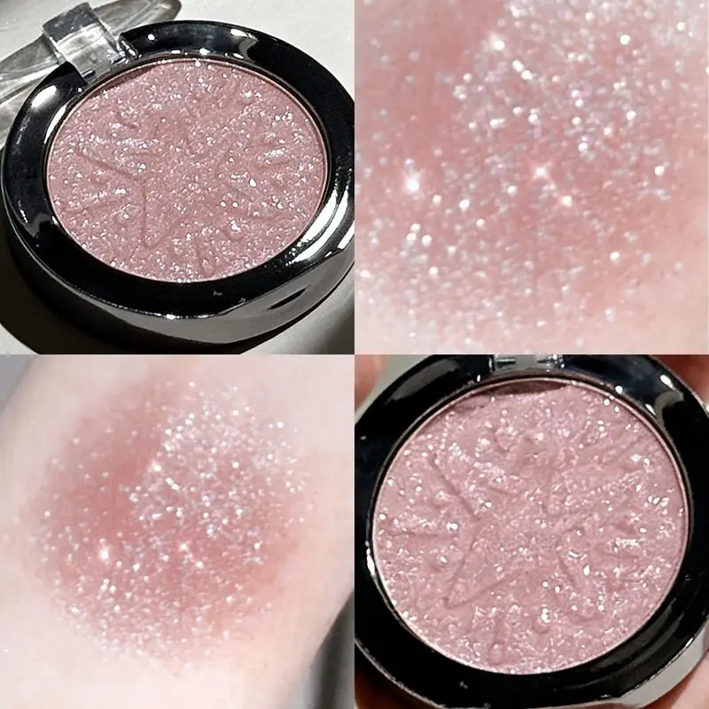 This pearlescent shimmer eyeshadow and glitter highlighter, Glowy Highlighter, makeup balm palette, features soft, creamy texture that won't clump or dry out skin, colors vibrant, natural, perfect for everyday wear, commuting