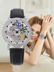 Sparkling Snowflake Fortune Watch, Analog Display with Shiny Decorations, Leather Strap, Elegant Quartz Movement, All Seasons Style