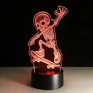 Cool Skate Skeleton 3D Night Light | Dimmable | Perfect Gift for Teens & Skate Fans,Skateboarding Skeleton 3D Illusion Lamp | Remote & Touch Control | Edgy Bedroom Decor & Gift