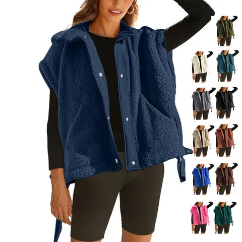 Ommig Women's Keep Warm Basic Boxy Fleece Vest - Casual Button-Front Sleeveless Sherpa Outerwear with Cinchable Hem, Pockets, Plain Design, Tiered Layer, Fabric (XL Size)