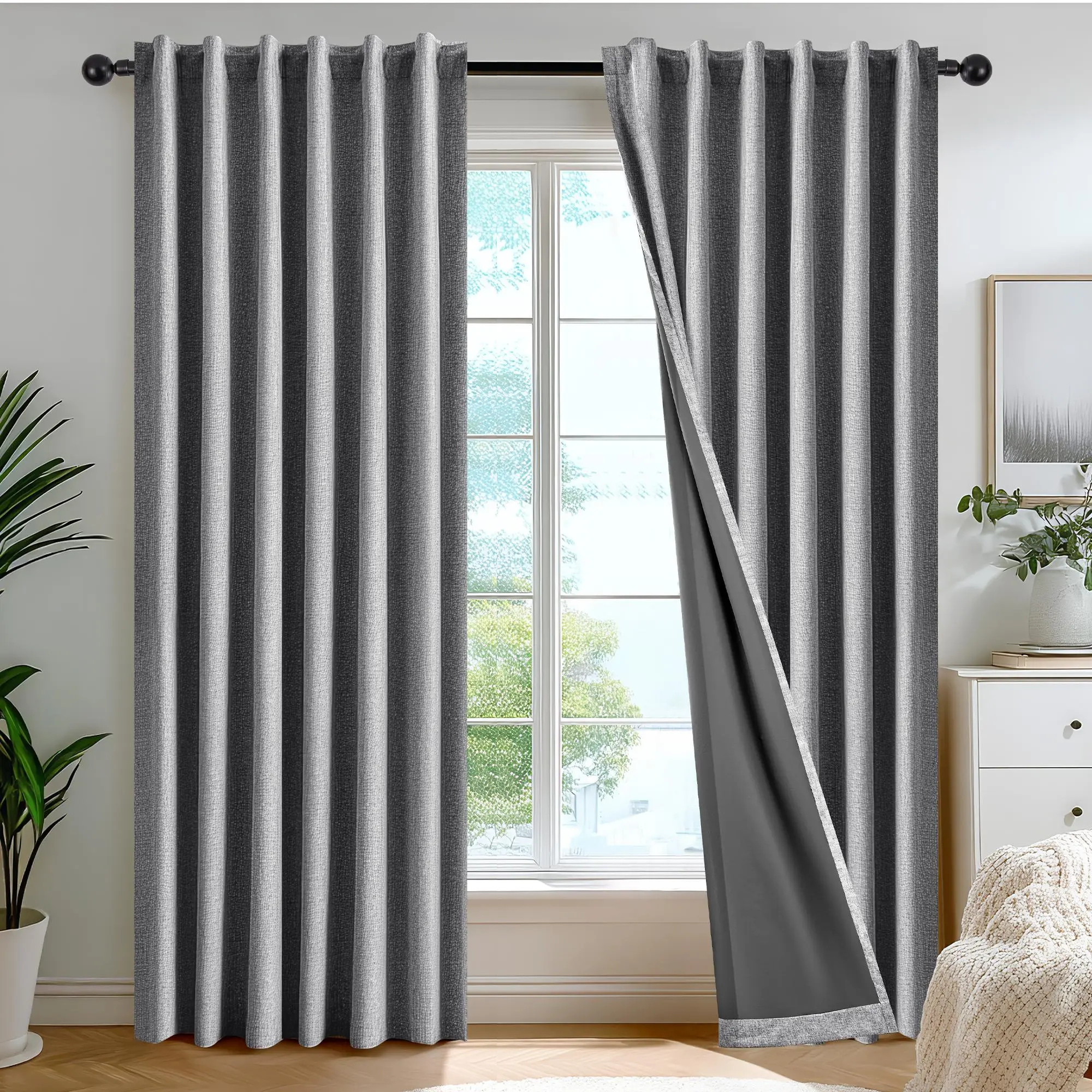 Deconovo 100% Linen Blackout Linen Curtains, Modern All-Black Home Textile Panels with Thermal Insulation, Back Tab Top, Soundproof Curtains, Easy Installation for Bedroom Use Privacy, Modern Curtains