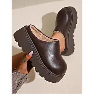 Women's Fashionable Solid Color Velvet Muller Slippers, Casual Comfortable Fluffy Lined Slippers for Indoor & Outdoor Wear, Female All-match Round Toe Slippers for Fall & Winter